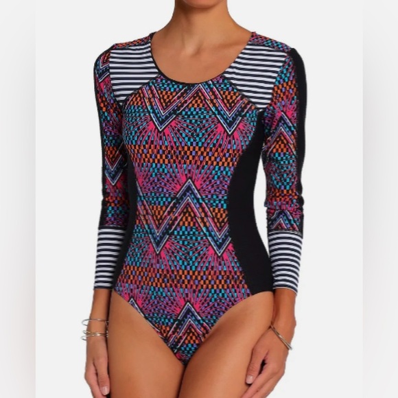 Tart Pamona Colorful UPF Long Sleeve One Piece Swimsuit Rashguard Size Medium - Picture 1 of 10